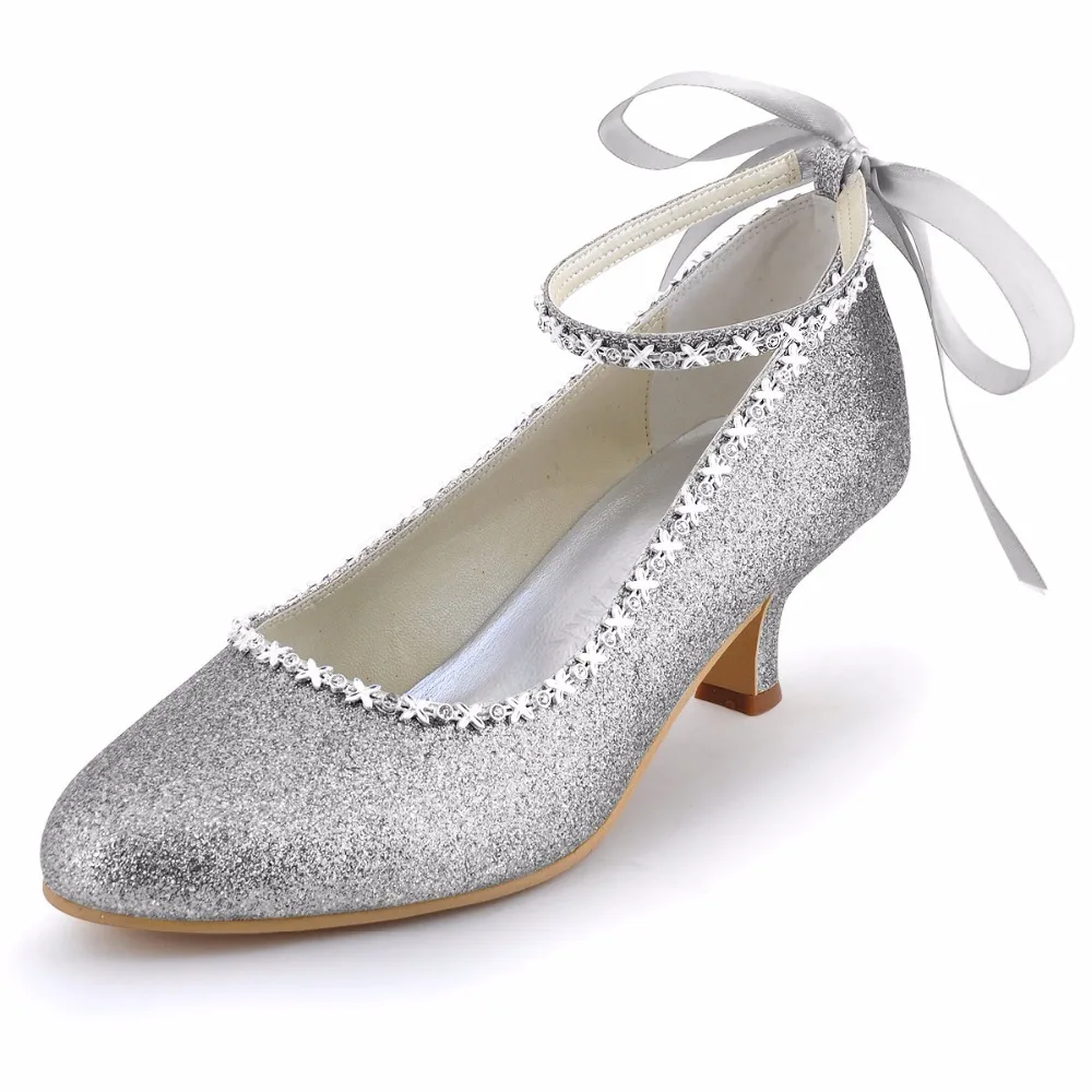 

Shoes Woman EP31010 Silver Size 10 Low Heel Bridal Wedding Shoes Ankle Strap Glitter Bridesmaid Bride Evening Party Prom Pumps