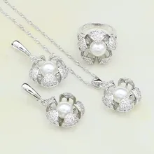 Цветок 925 серебряные ювелирные изделия белый искусственный жемчуг кубический цирконий набор украшений для женщин вечерние серьги/Кольцо/Подвеска/ожерелье цепь