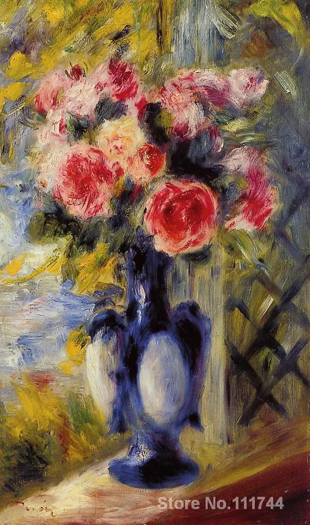 7653 22 De Réductionpeinture à Lhuile De Fleurs Bouquet De Roses Dans Un Vase Bleu Pierre Auguste Renoir œuvre à Vendre à La Main De Haute