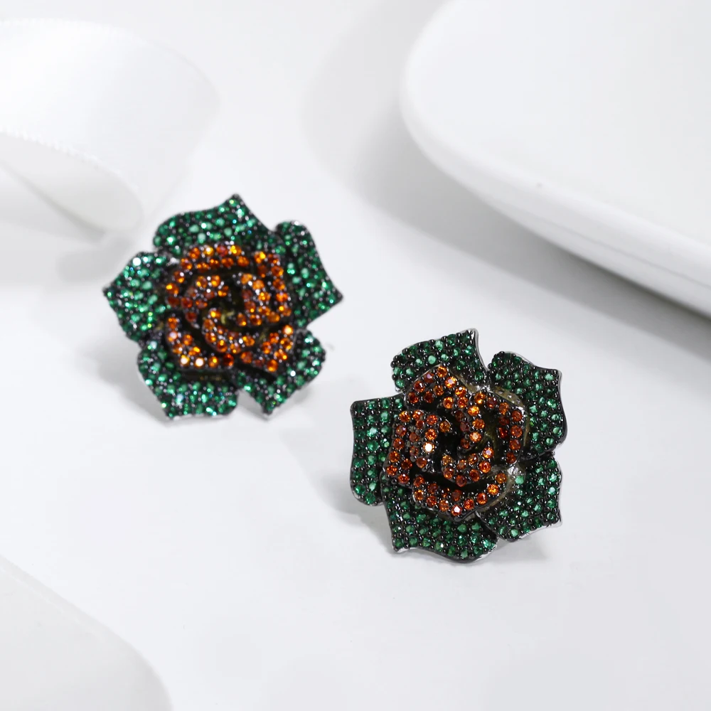 Beautiful large stud earring Pave Green Siam Olivine crystal color stones Rhodium plate jewelry women big rose flower earrings
