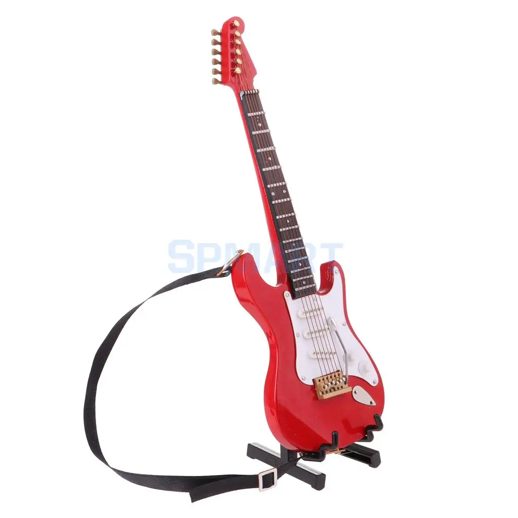 1/6 Scale Dollhouse Miniature Wooden 6-Ctrings Electric Guitar Musical Instrument Model w/ Stand for Dolls Accessory