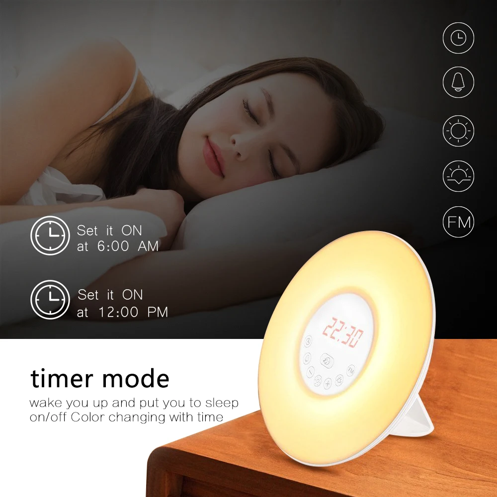 

7 color smart LED Bedside night light Electronic LED Digital Alarm Clock Adjustable bright Bedroom sleep Wake Up lamp FM Radio