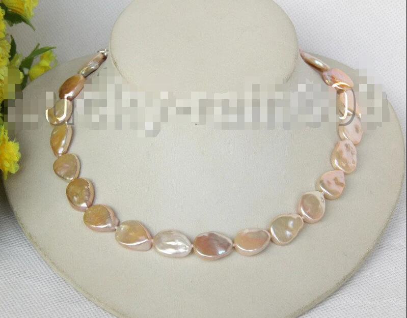 

Genuine 17" 17mm pink drip coin fastener pearls necklace E8844