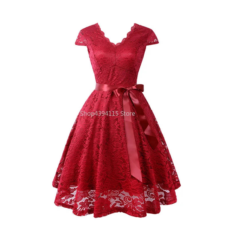 

V-Neck Lace Knee-Length Women's Dresses With Short Sleeves Dress For Women Dress Female Vestidos New Arrival Chic Cheapest Price