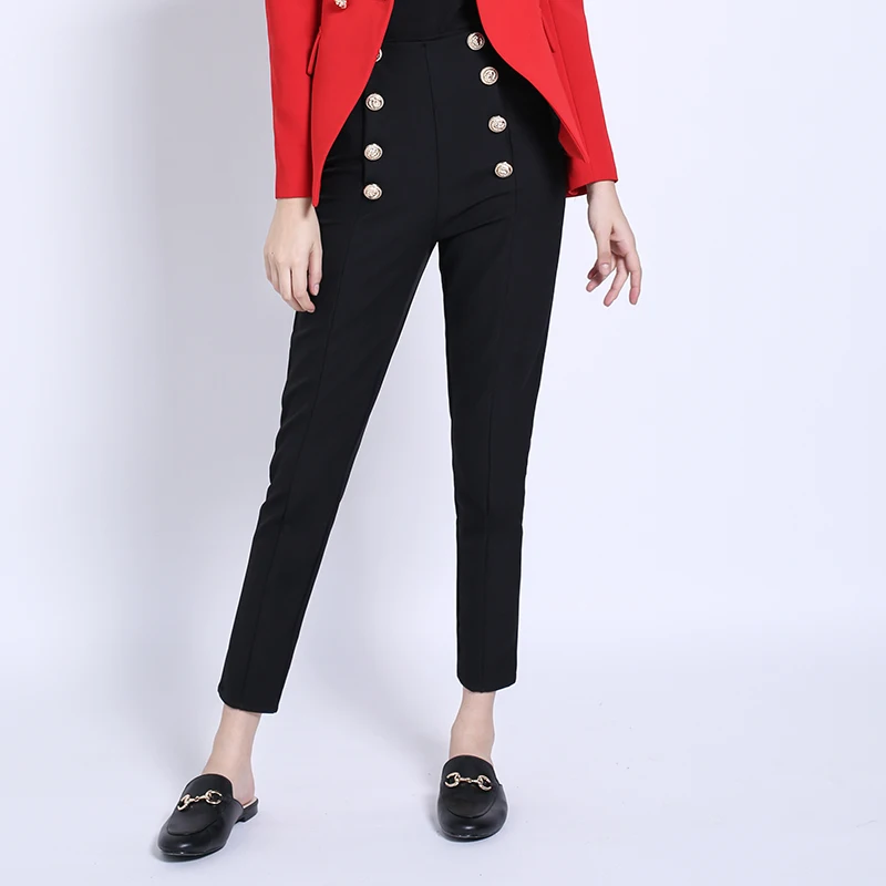 2018 Hot Selling Women's Classic All-match Casual Butttons Skinny Pants Solid Color Slim Pencil Pants Ankle-Length Capris
