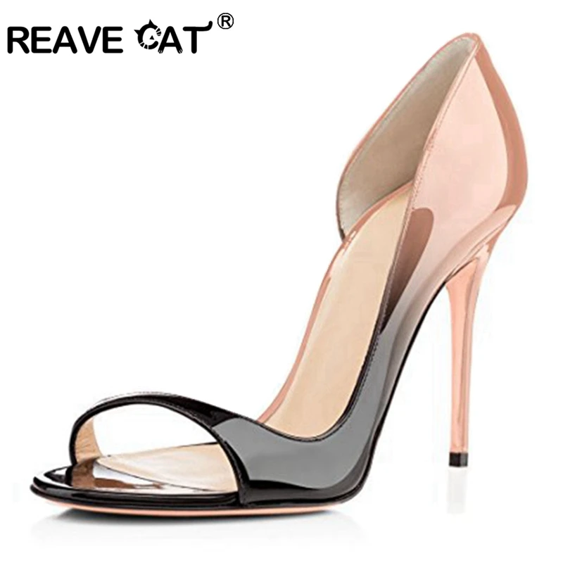 

REAVE CAT 2019 New arrival Shoes woman High heels Ladies sandals Patent leather Peep toe Gradient Glitter Black Plus size A1776
