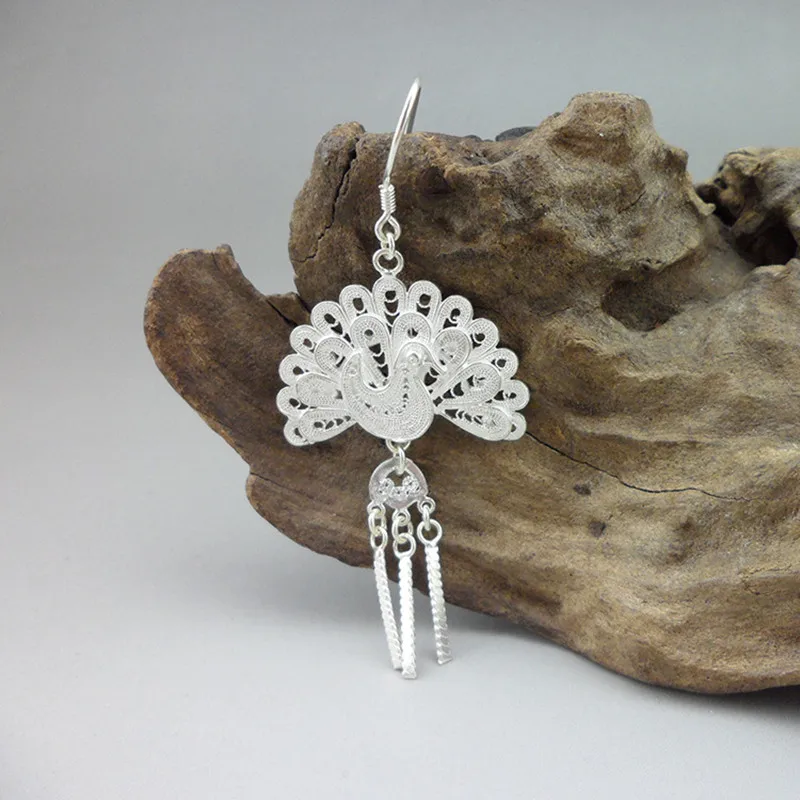 

Peacock Feathers Women's Earings Handmade Boho Jewelry 999 Sterling Silver Earing Big Vintage Dangle Tassel Earrings For Women