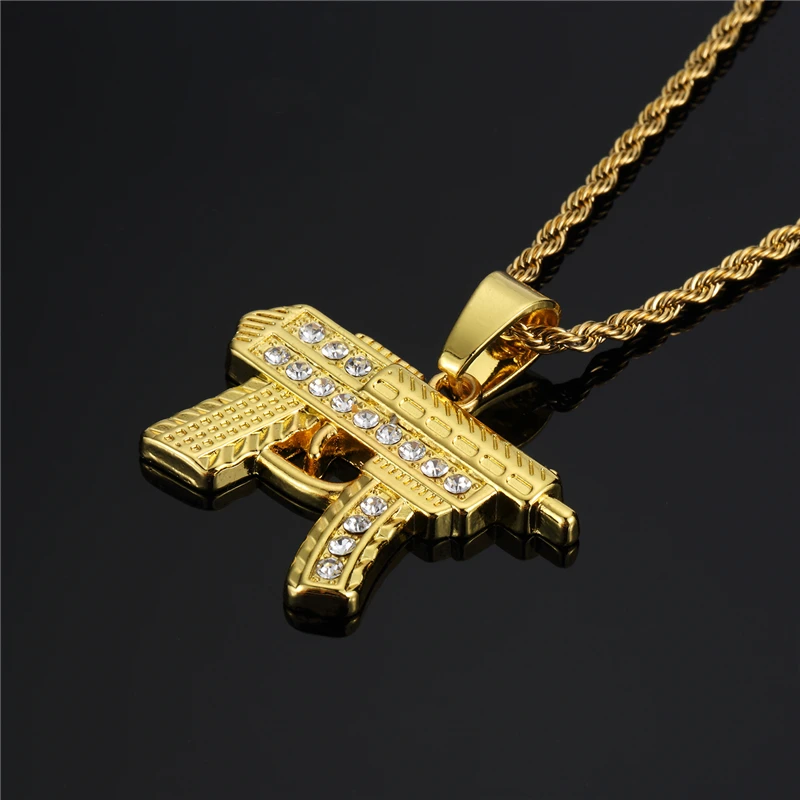

Men Hip Hop Jewelry Submachine Gun Pendant Lced Out Full Rhinestone Alloy Gold Color Pendant Necklace For Women Men Cuban Chain