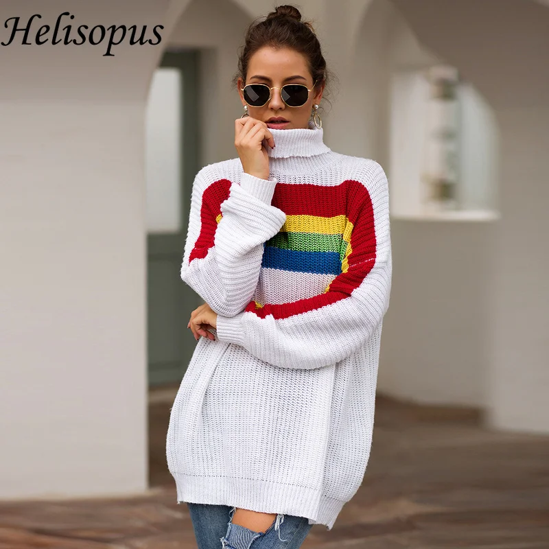 

Rainbow Striped Knitted Sweater 2019 New Women Casual Winter Christmas Sweater Fashion Turtleneck Winter Clothes Women Sweater