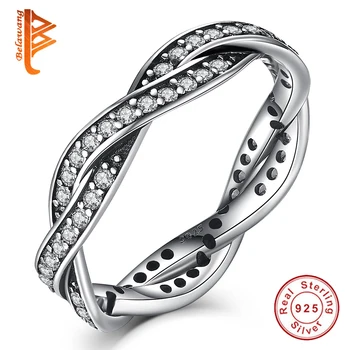 

BELAWANG Original 925 Sterling Silver Rings BRAIDED RING with Clear CZ Twist Of Fate Twisted Ring for Women Authentic Jewelry