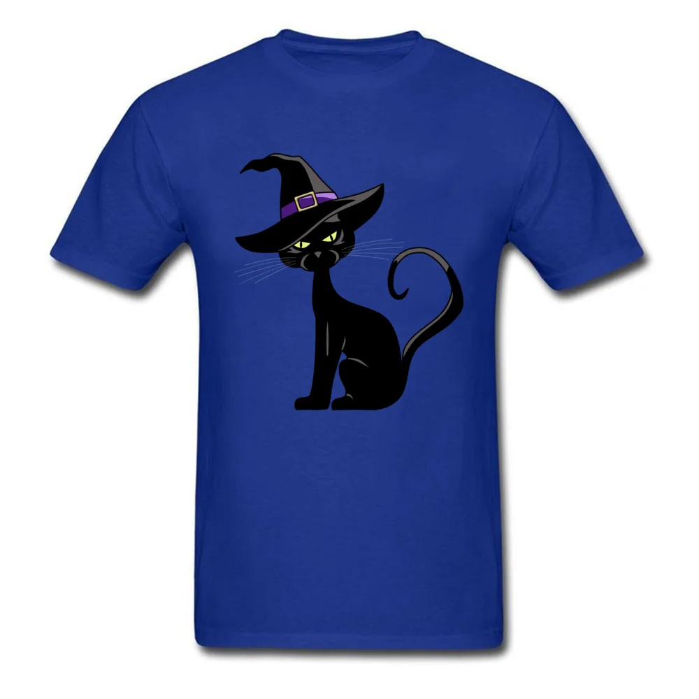 Tops & Tees Cat in Witch Hat Lovers Day Short Sleeve Pure Cotton Round Collar Men Tshirts Simple Style T Shirt New Design Cat in Witch Hat blue