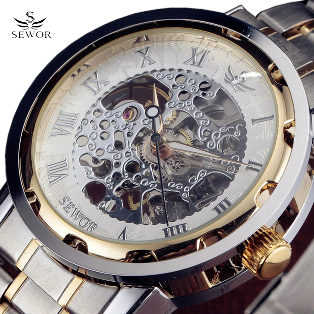 Top Brand SEWOR Men Stainless Steel Band Mechanical Hand Wind Watch
