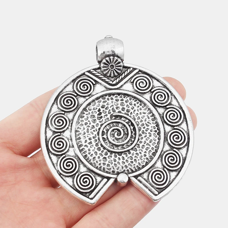 2PCS Antique Silver Large Hammered Carved Spiral Vortex Round Charms