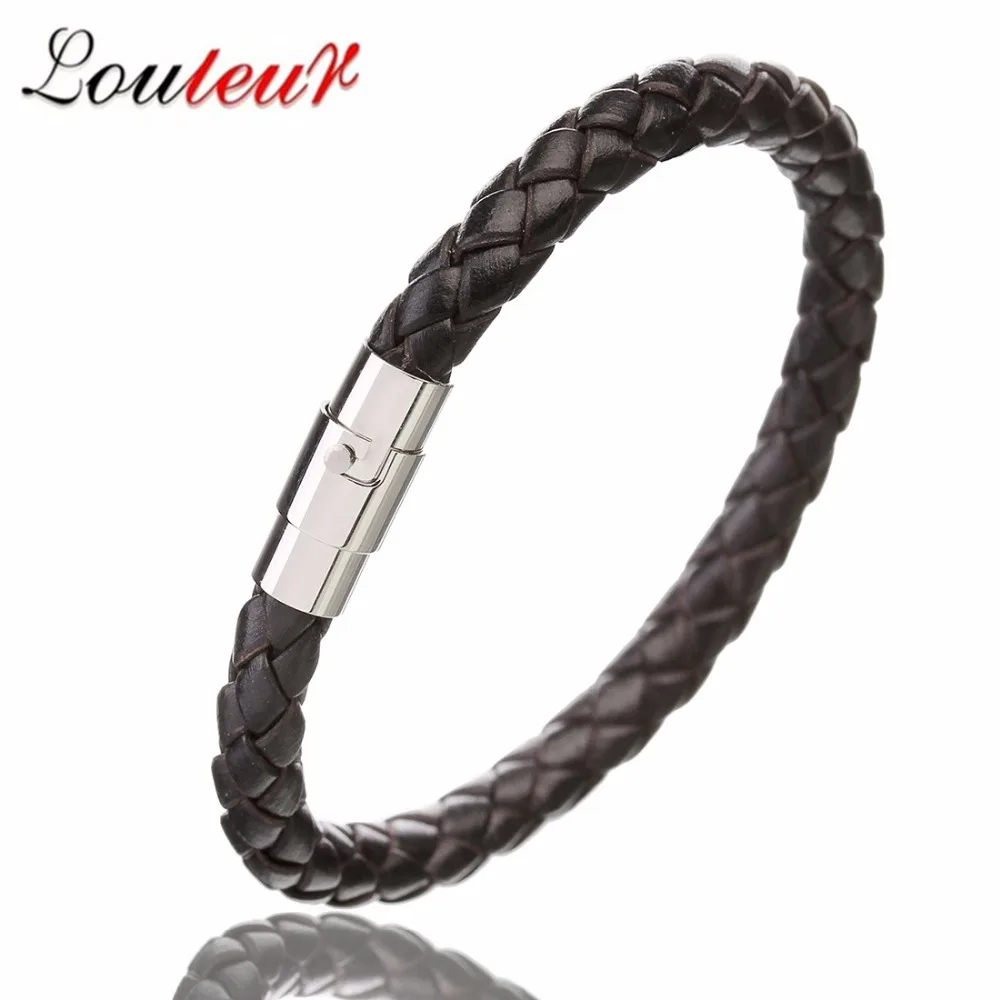 Handmade Gold Color Vintage Men Leather Bracelets Stainless Steel Magnetic Clasp Braided