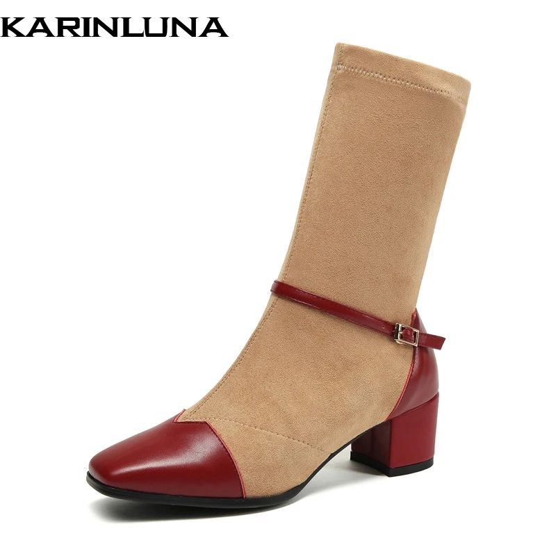 

KARINLUNA new arrivals top quality genuine leather patchwork mid calf Boots Women Shoes popular square toe sock elastics Boots