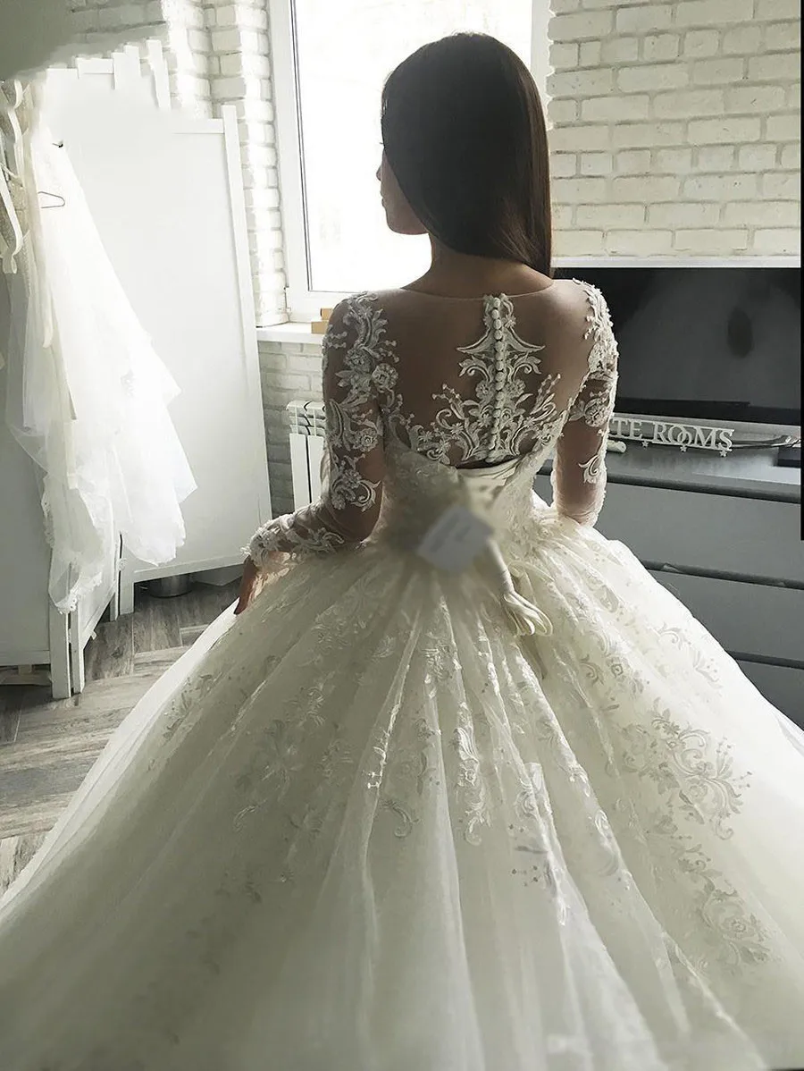 ZL1037-New-Gorgesous-Long-Sleeves-Ball-Gown-Lace-Wedding-Dresses-Bridal-Gown-Celebrity-vestido-De-Noiva