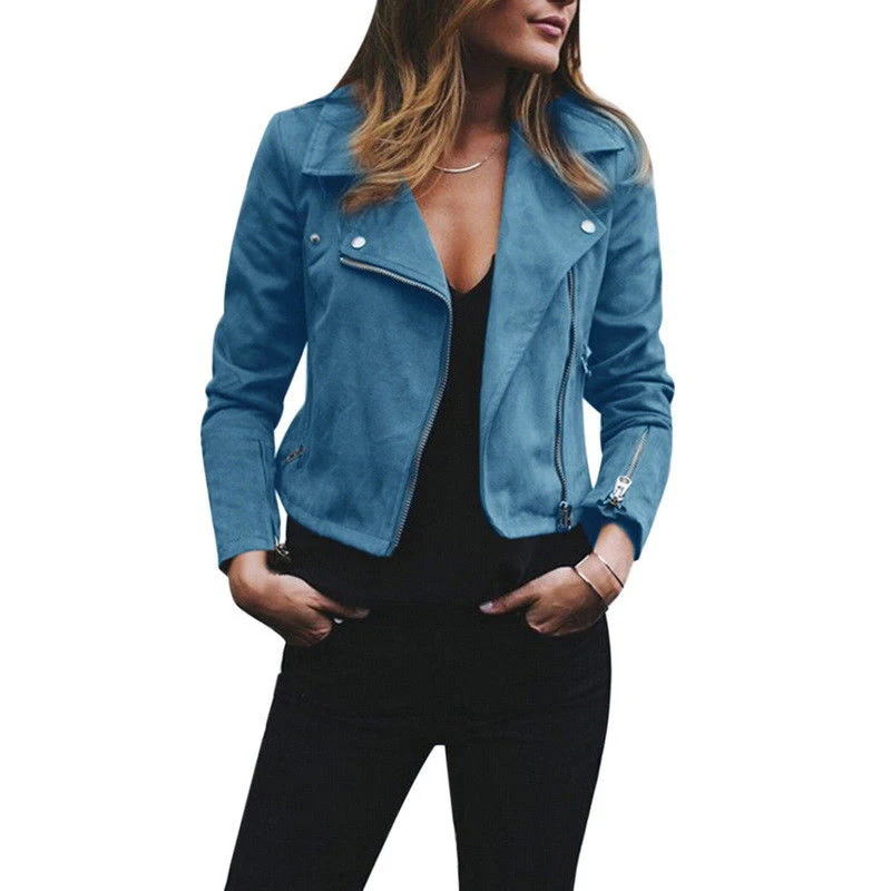 

New Women Autumn Short Jackets Turn-down Collar Long Sleeve Zippers Buttons Slim Fashion Solid Ladies Size Plus 3X 8L1039