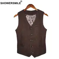 SHOWERSMILE Brown Mens Vest British Vintage Men Herringbone Vest Tweed Jacket Wool Fabric Sleeveless Blazer Brand Clothing