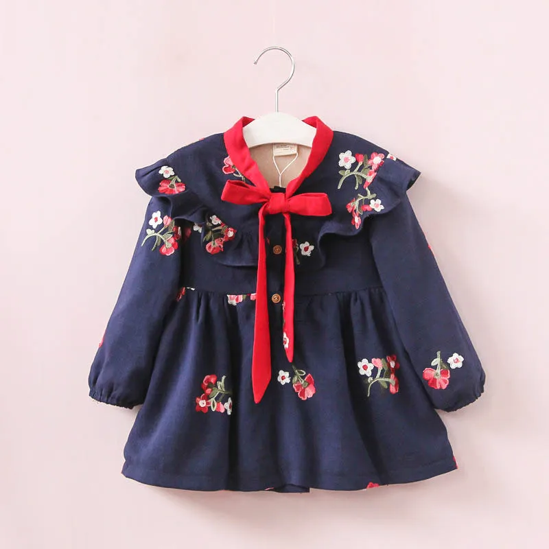Flower Embroidery Winter Girls Dress Long Sleeve Plus Velvet Cotton Baby Girls Dress Bow Princess Dresses For Girls Clothing Flower Embroidery Winter Girls Dress Long Sleeve Plus Velvet Cotton Baby Girls Dress Bow Princess Dresses For Girls Clothing
