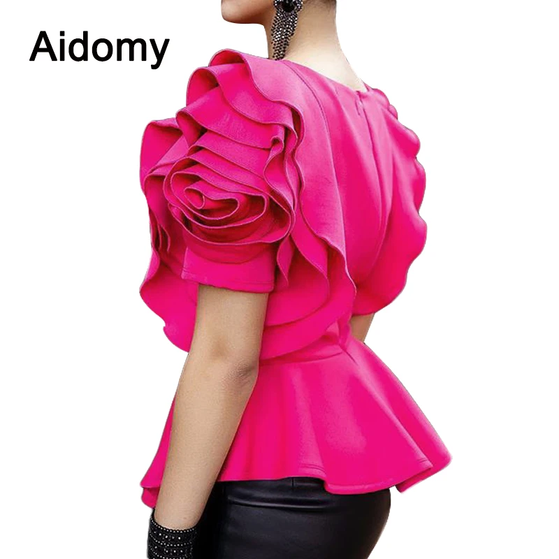 

Rose Applique Women Tops Blouses Summer Short Sleeve Ruffles Shirts Evening Party Wear Peplum Top Female Shirt Black White Red