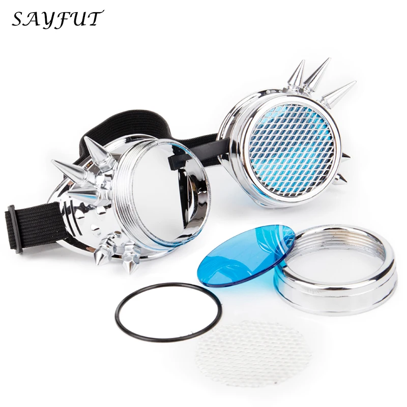 

Silver Rivet Goggles Steampunk Glasses Blue Clear Glass Lens With Mesh Cosplay Vintage Glasses Welding Men Women Gothic Eyewear