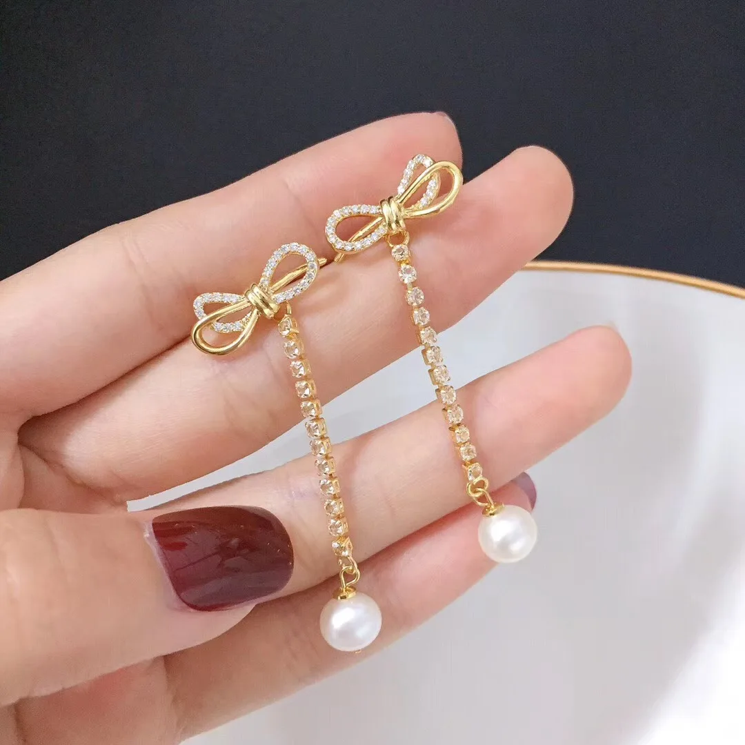 

14k gold note zircon pearl earring with bowknot is sweet and lovely 8-9mm natural pearl S925 silver ear pin YEAO