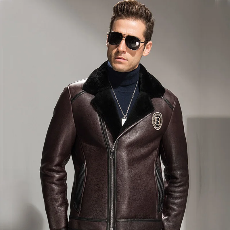 Men's Shearling Jacket Brown Short Leather Coat Flight Jacket Genuine