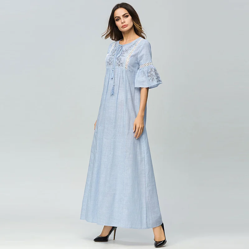 ShejoinSheenjoy Half Flare Sleeve Embroidery A-Line Ladies Party Dresses O-Neck Tassel Bow Hollow Out Sexy Women Long Dress (3)