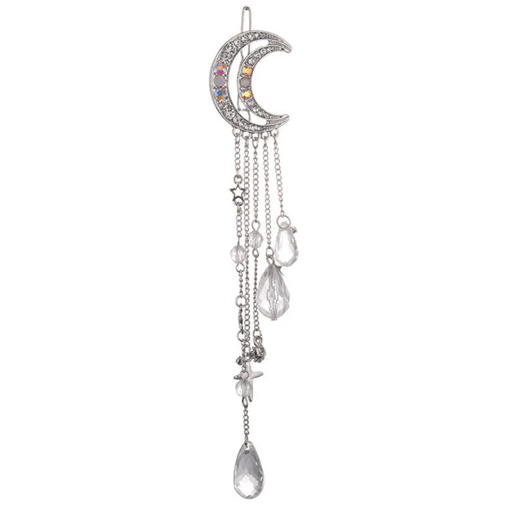 Fashion Elegant Women Lady Moon Rhinestone Crystal Tassel Long Chain Beads Dangle Hairpin Hair Clip Hair Jewelry - Image 3