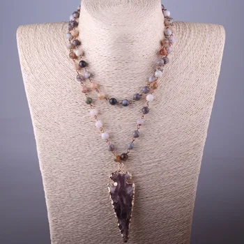 

Free Shipping Bamboo Leaf Agat Bohemian Jewelry Rosary Chain Brown Arrowhead Pendant Necklace