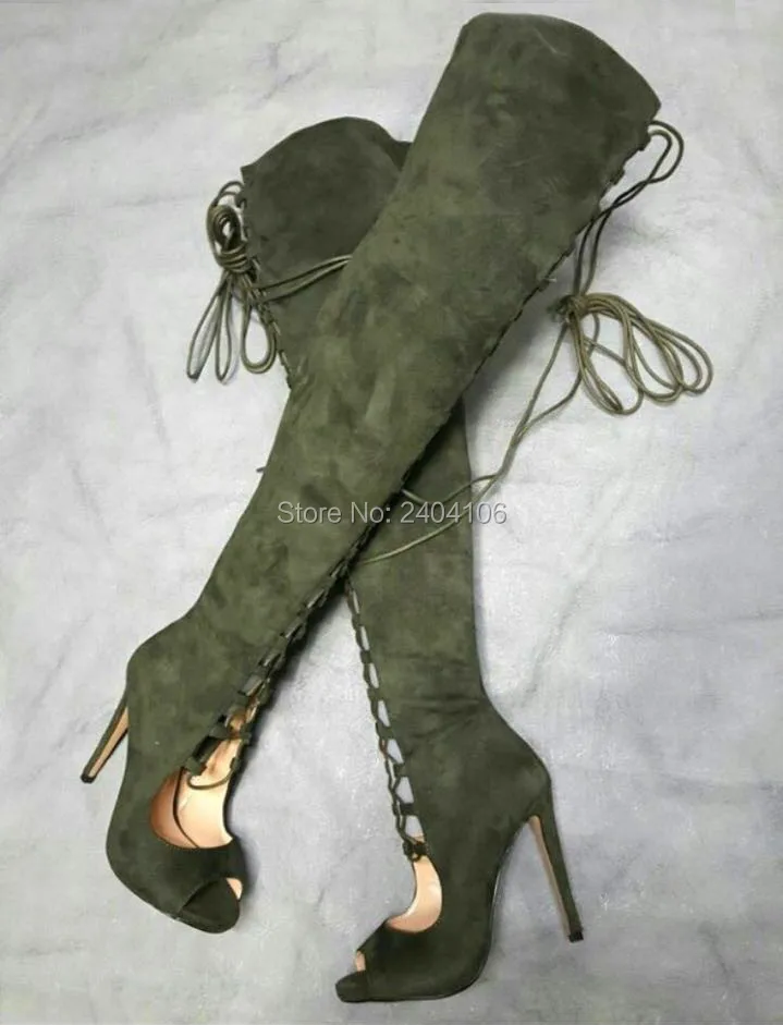 

Chaussure Femme 2018 Army Green Black Suede Cut-Outs Long Booties Over The Knee Peep Toe Lace Up Stiletto Heels Thigh High Boots