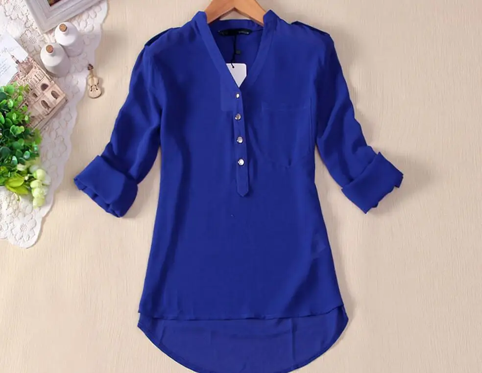 

Black,White,Blue Women Chiffon Shirt 2018 Spring Summer Womens Long-sleeve Casual Chiffon Shirt V neck Blouse Pockets Plus Size