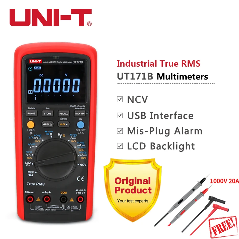 

UNI-T UT171B Industrial Digital Multimeters True RMS Admittance 60K Counts Resistance Tester Original Measure EBTN LCD 1000V USB