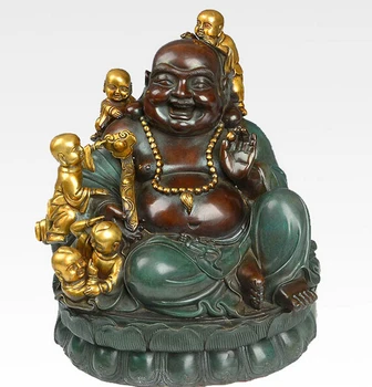 

12" China Bronze Happy Boy Maitreya Buddha Ruyi Hand Hold Bead Statue R0713