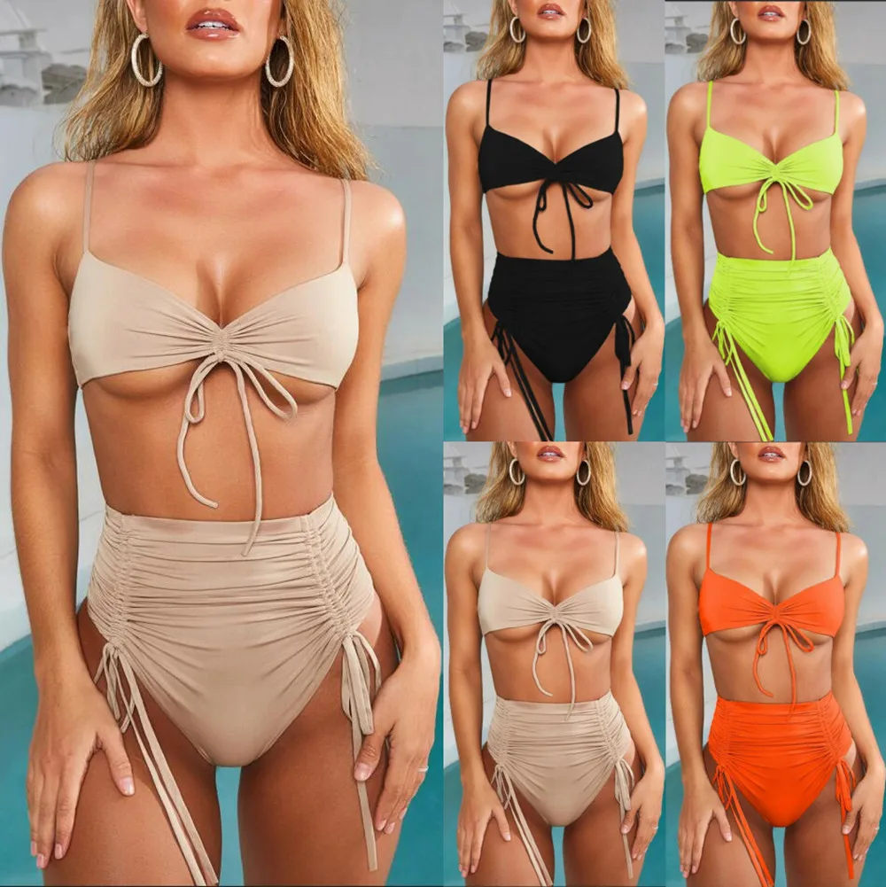 

2019 Women Bikini Set New Strap High Waist Bikini Suit Lady Split Swimsuit Solid Color Swimwear Female Beachwear Bathing Suits