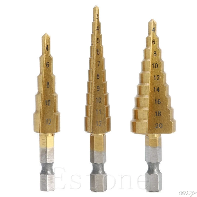 

3Pcs 3-20mm HSS Titanium Coated Step Drill Bit Drilling Power Tools Metal High Speed Steel Wood Hole Cutter Step Cone Drill