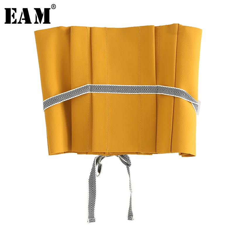 

[EAM] 2019 New Fashion Spring Yellow Waist Striped Layers Split Joint Bandage Split Joint Loose Lady Vest Tide All-match J139