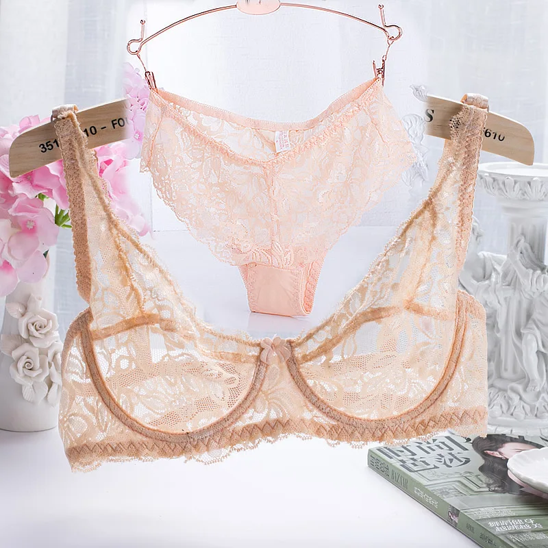 

2018 Fashion Women Lace Embroidery Bras Set Underwear Female Plus Size Sexy Lingerie 3/4 cup Ultrathin Transparent Bra Panty Set