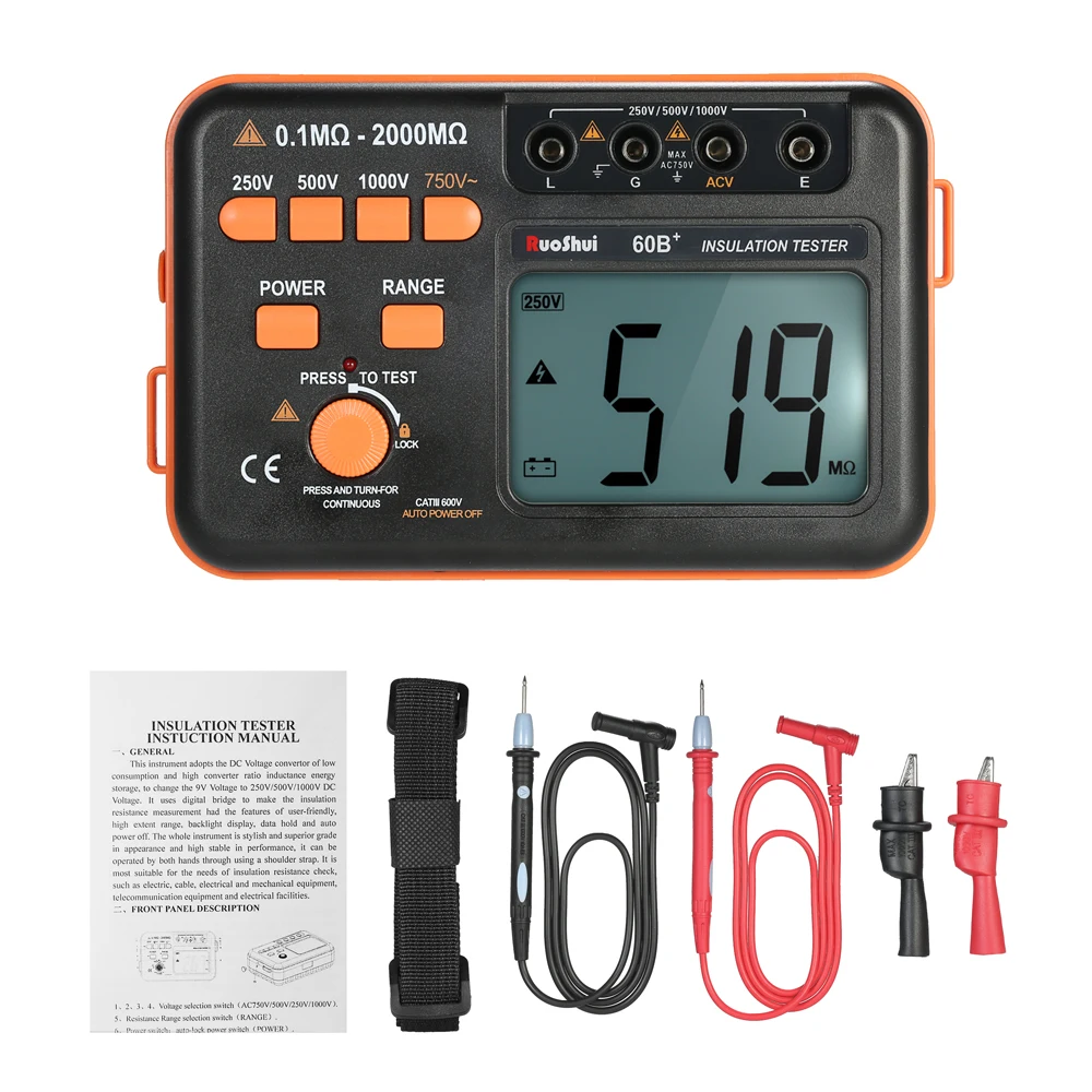 

RuoShui 60B+ 1000V Insulation Resistance Meter Ground Tester Megohmmeter Voltmeter w/LCD Backlight Display with Multimeter