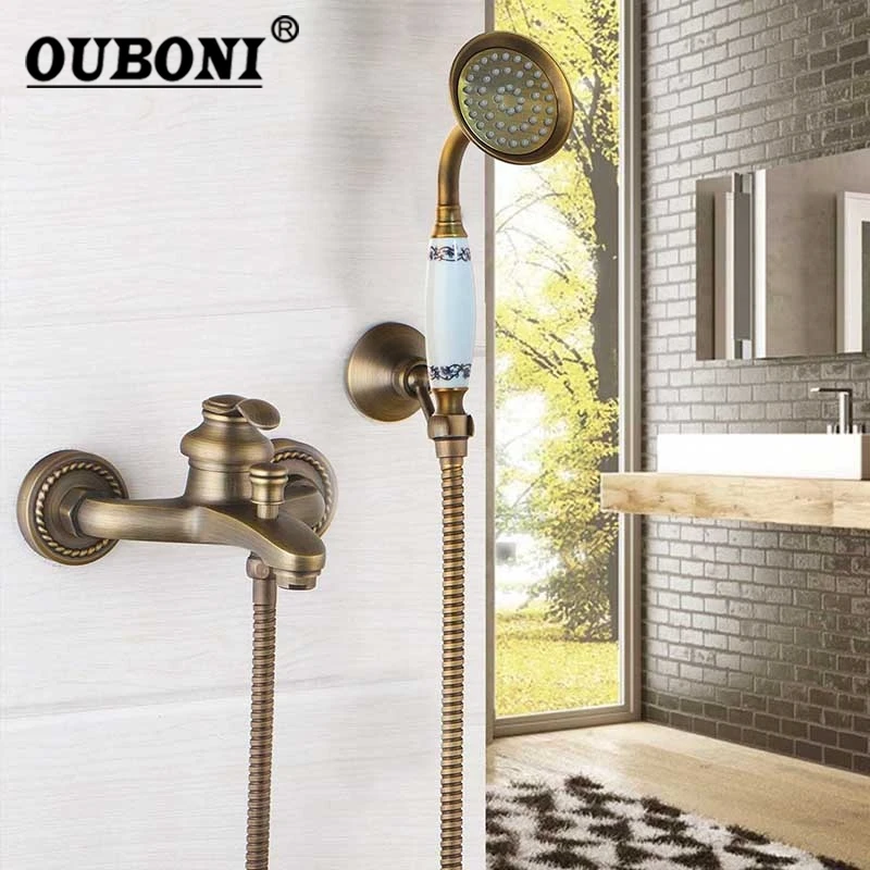 

OUBONI Wall Mounted Shower Faucet Antique Brass Shower Set Hand Shower Head Bathroom shower faucets Single Handle Mixer Sets