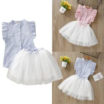 

2019 Summer arrival Toddler Baby Girl Stripe Floral Top T-Shirt Cotton Soft Mesh Skirt Clothes 2PCS Set