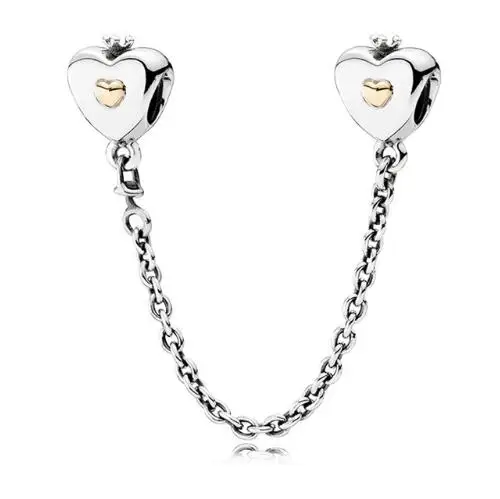 

Original 925 Sterling Silver Charm Gold Color Love Heart & Crown Safety Chain Bead Fit Pandora Bracelet & Bangle DIY Jewelry