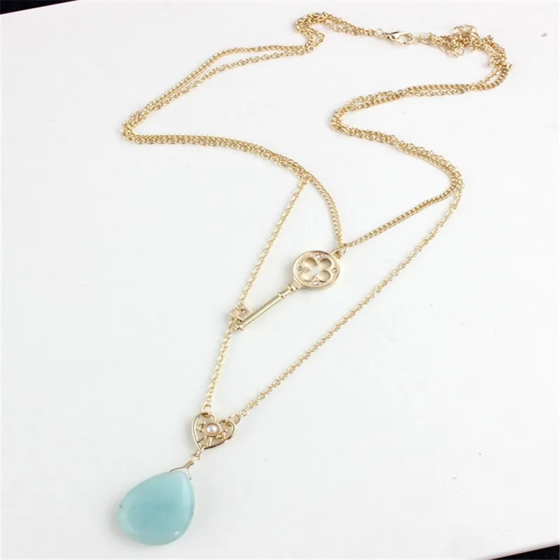 

XQ 2015 free shipping Double key necklace The bubble-shaped amazon stone necklace