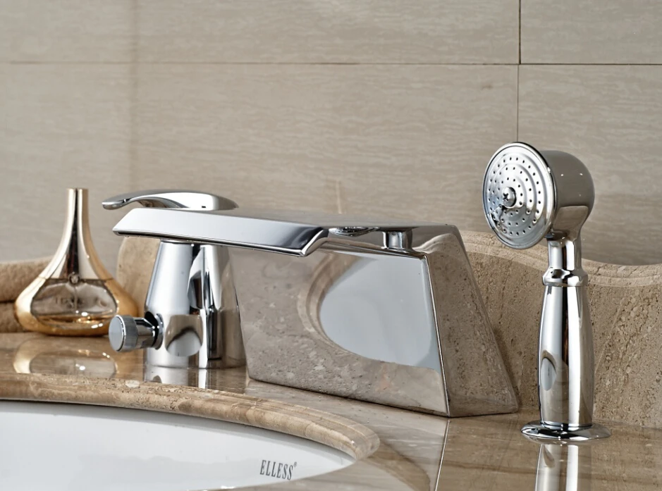 

Modern Chrome Finished Bathroom Basin Faucet Deck Mounted Waterfall Mixer Tap With Hand Shower