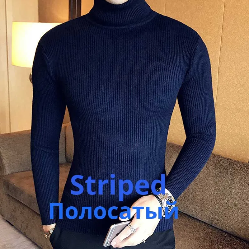 Осенне-зимний модный теплый мужской свитер с высоким воротом, мужские свитера, облегающий черный белый пуловер из эластичной ткани, мужской вязаный двойной свитер - Цвет: G03 navy