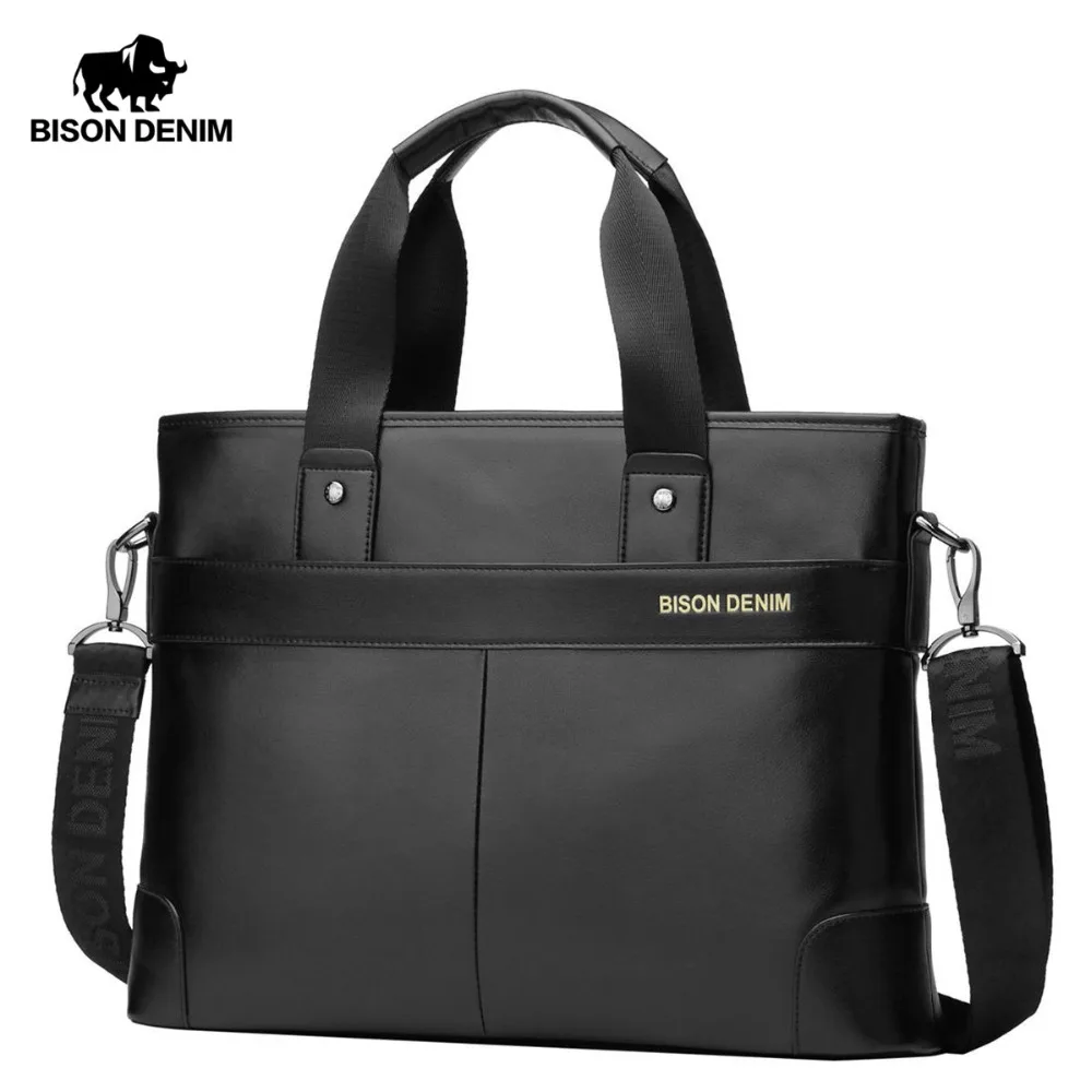 البيسون الدنيم 100% حقيقية جلد البقر 14 ''محمول حقيبة رجل رسول حقيبة الذكور أكياس حقيبة crossbody الكتف N2195-1