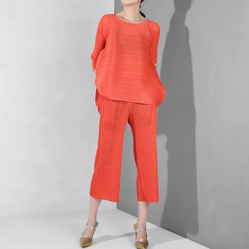 [EAM] Новинка, Осень-зима, круглый вырез, рукав три четверти, плиссированные свободные широкие штаны, костюм из двух частей, Женская мода OA9 - Цвет: orange