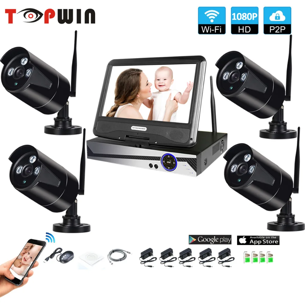 

Wireless Surveillance System Network 10.1" LCD Monitor NVR Recorder Wifi Kit 4CH 1080P HD Video Inputs Security Camera