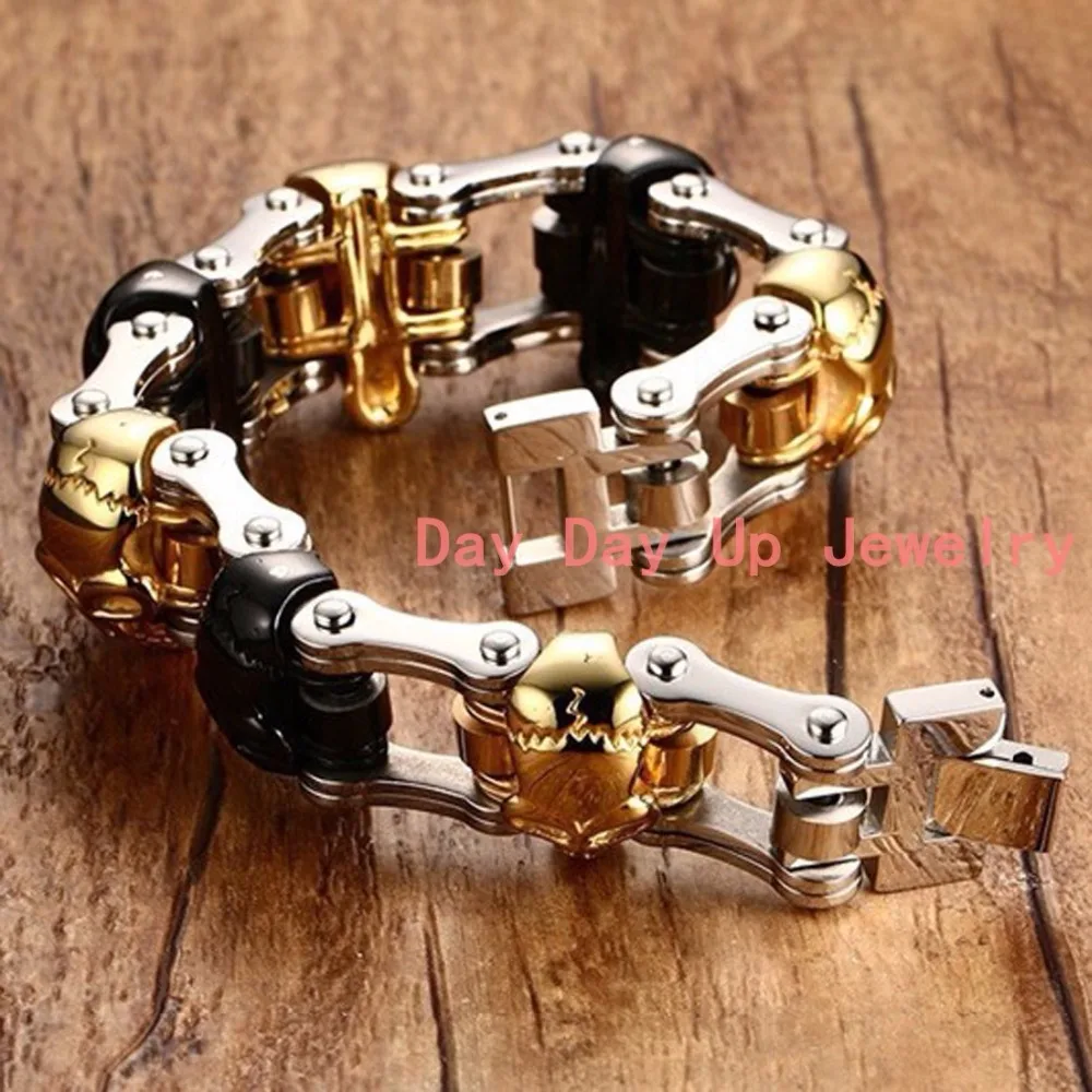 

8.86"*16mm 138.5g Cool Huge High Quality 316L Stainless Steel Silver Gold Black Skull Skeleton Motorcycle Chain Men's Bracelet