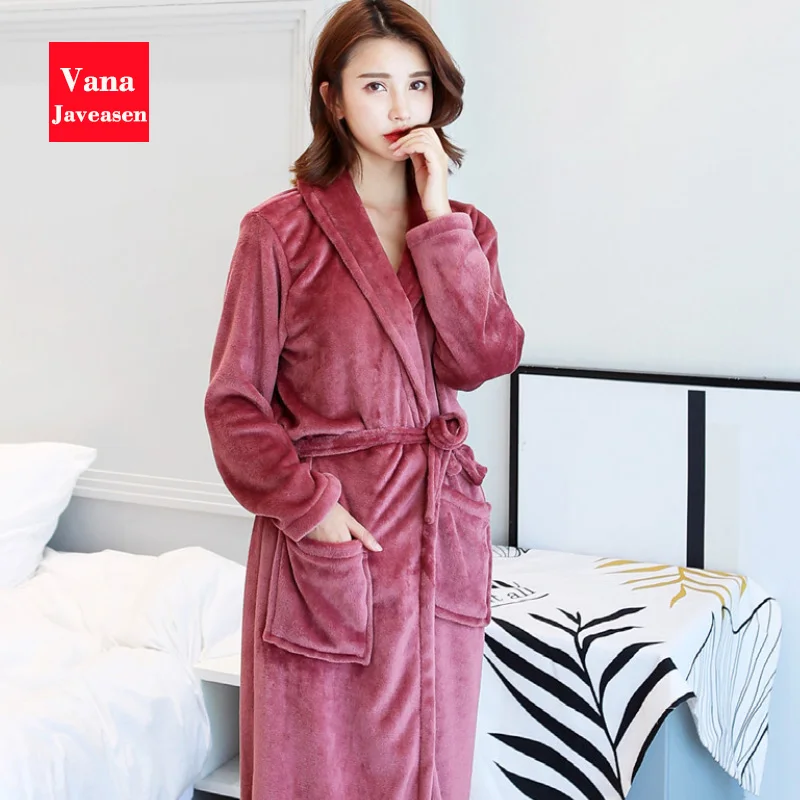 Vana Javeasen Coral Fleece Women Men Bathrobe Pajamas Thicken Warm Autumn Winter Home Couple Sleepwear Turndown Collar Robes